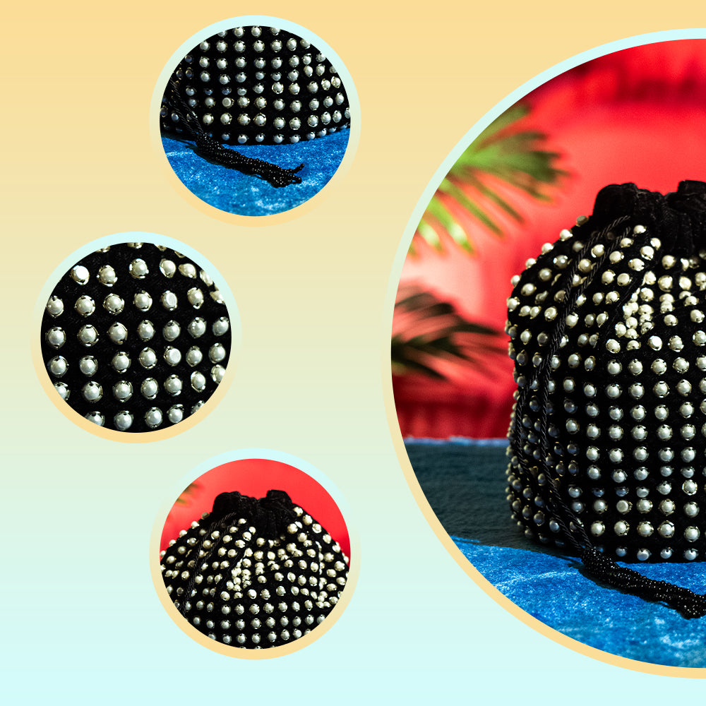 Handcrafted Geometric Glass Beaded Bridal potli– Velvet Satin Lining, Chain Strap, Perfect for Weddings