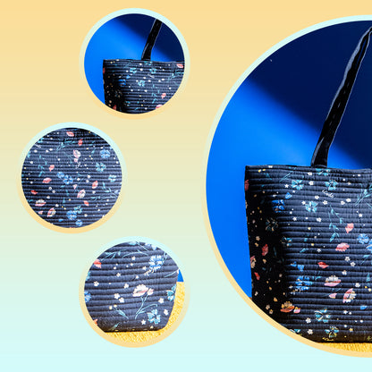 Handcrafted Cotton Quilted Shopper Bag – Dual Zipper, Padded, Lightweight, Perfect for Laptop and Travel