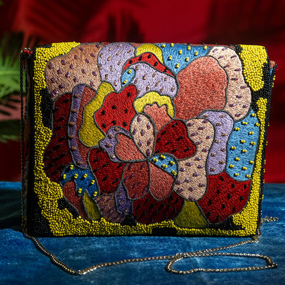 Elegant Floral Beaded Sling Bag for Women – Cotton Fabric, Magnetic Closure, Ideal for Party Outings