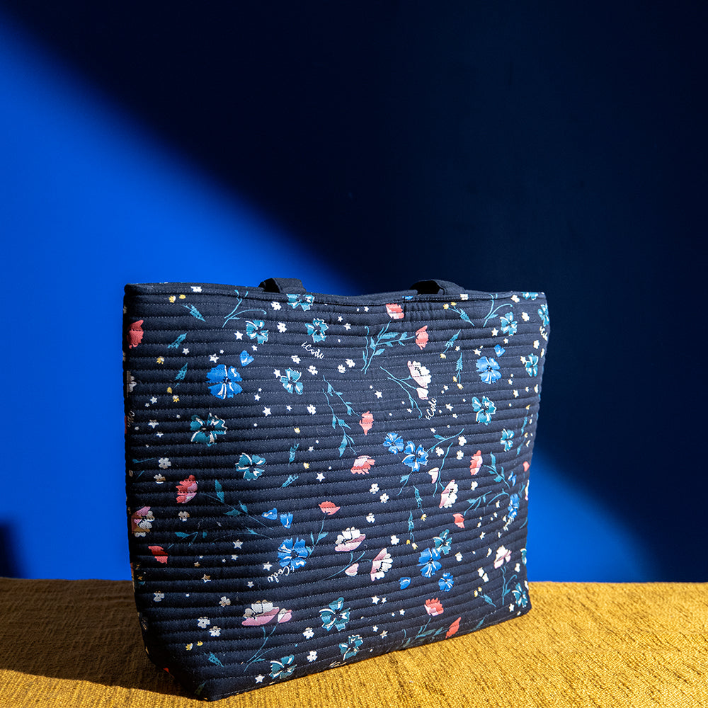 Handcrafted Cotton Quilted Shopper Bag – Dual Zipper, Padded, Lightweight, Perfect for Laptop and Travel