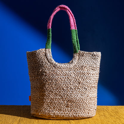 Handcrafted Embroidered Jute Shoulder Bag – Oval Base, Spacious, Eco-Friendly for Laptop and Daily Use