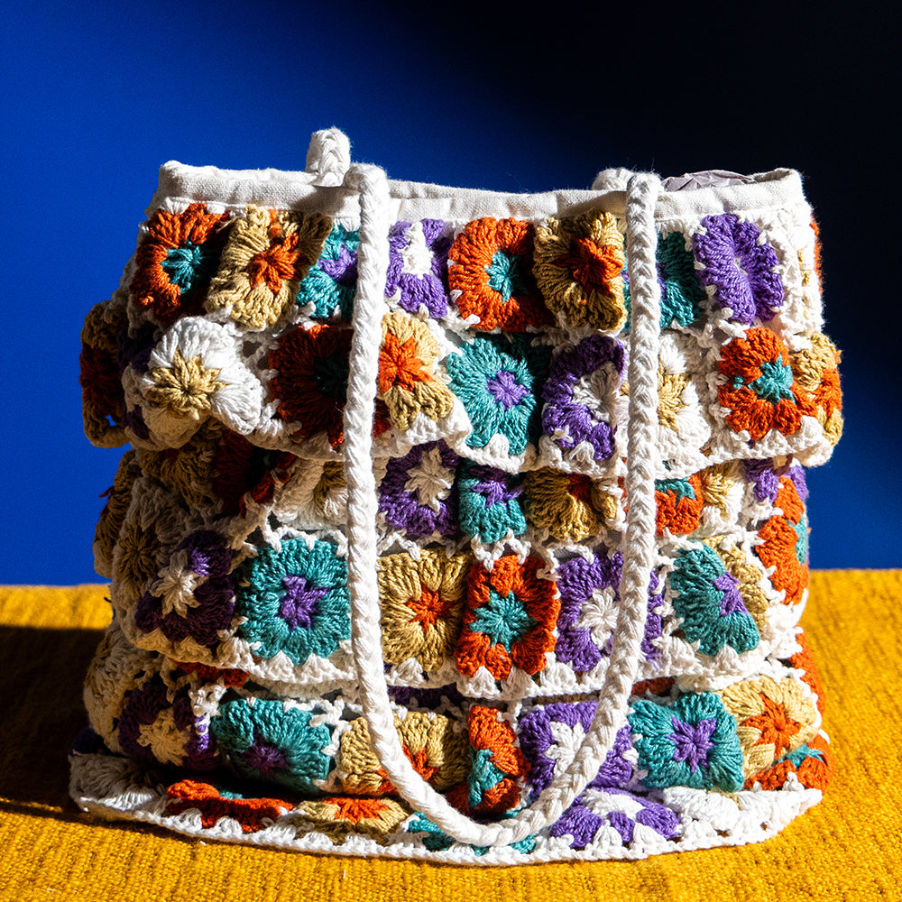 Handmade Crochet Knitted Multicolor Shoulder Bag – Boho Style Shopper Tote