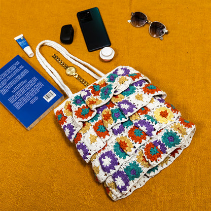 Handmade Crochet Knitted Multicolor Shoulder Bag – Boho Style Shopper Tote