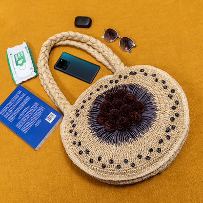 Handmade Raffia Embroidery Shopper Tote Bag – Cotton Travel & Office Shoulder Bag for Women