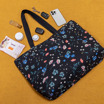 Handcrafted Cotton Quilted Shopper Bag – Dual Zipper, Padded, Lightweight, Perfect for Laptop and Travel