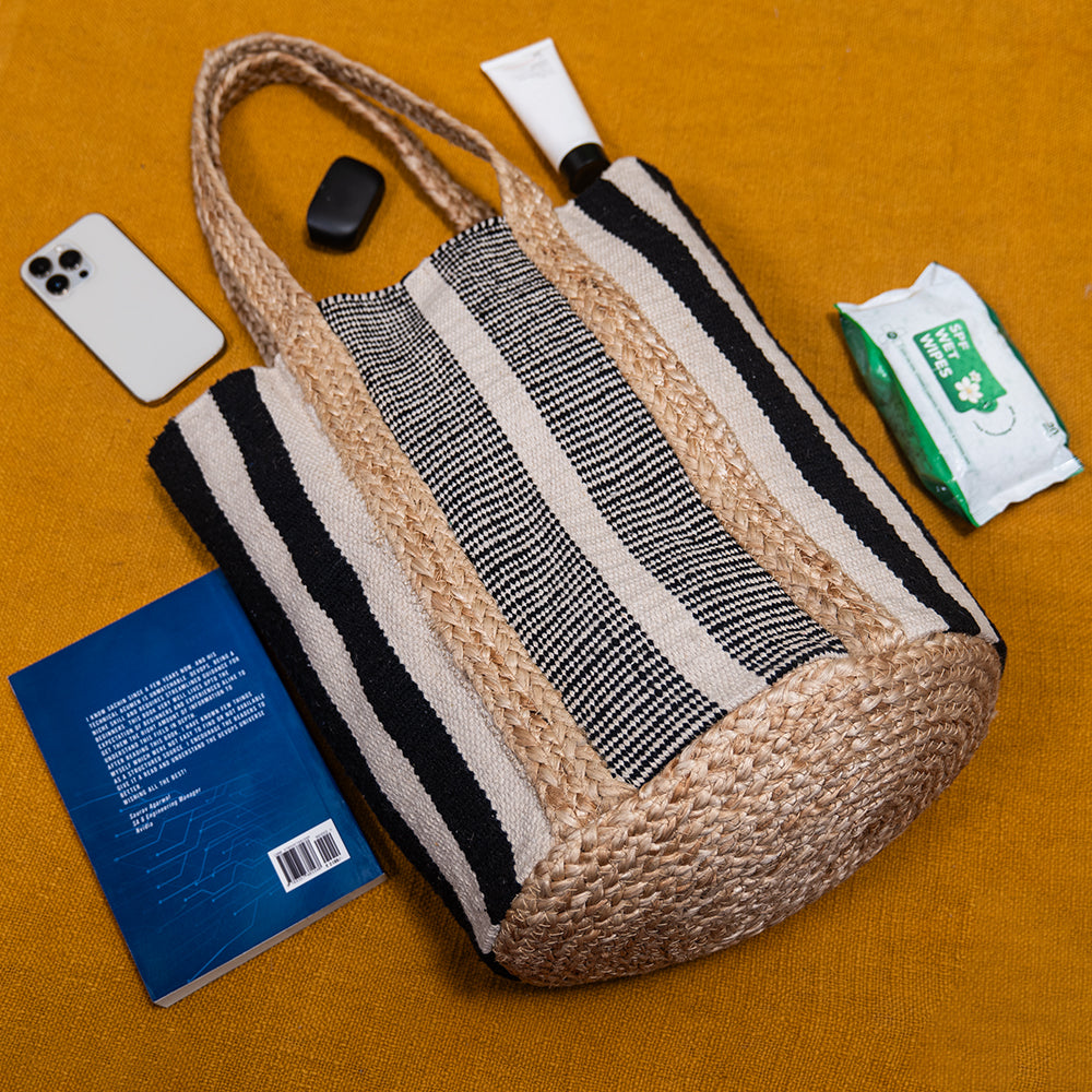 Handloom Jute Shopper Tote Bag – Oval Base, Cotton Blend, Eco-Friendly for Shopping and Beach