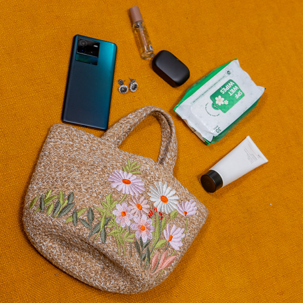 Mini Handcrafted Jute Floral Tote Bag – Lightweight Cotton Blend, Perfect for Picnic and Beach Outings