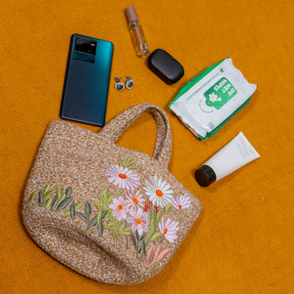 Mini Handcrafted Jute Floral Tote Bag – Lightweight Cotton Blend, Perfect for Picnic and Beach Outings