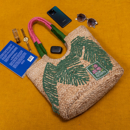 Handcrafted Embroidered Jute Shoulder Bag – Oval Base, Spacious, Eco-Friendly for Laptop and Daily Use