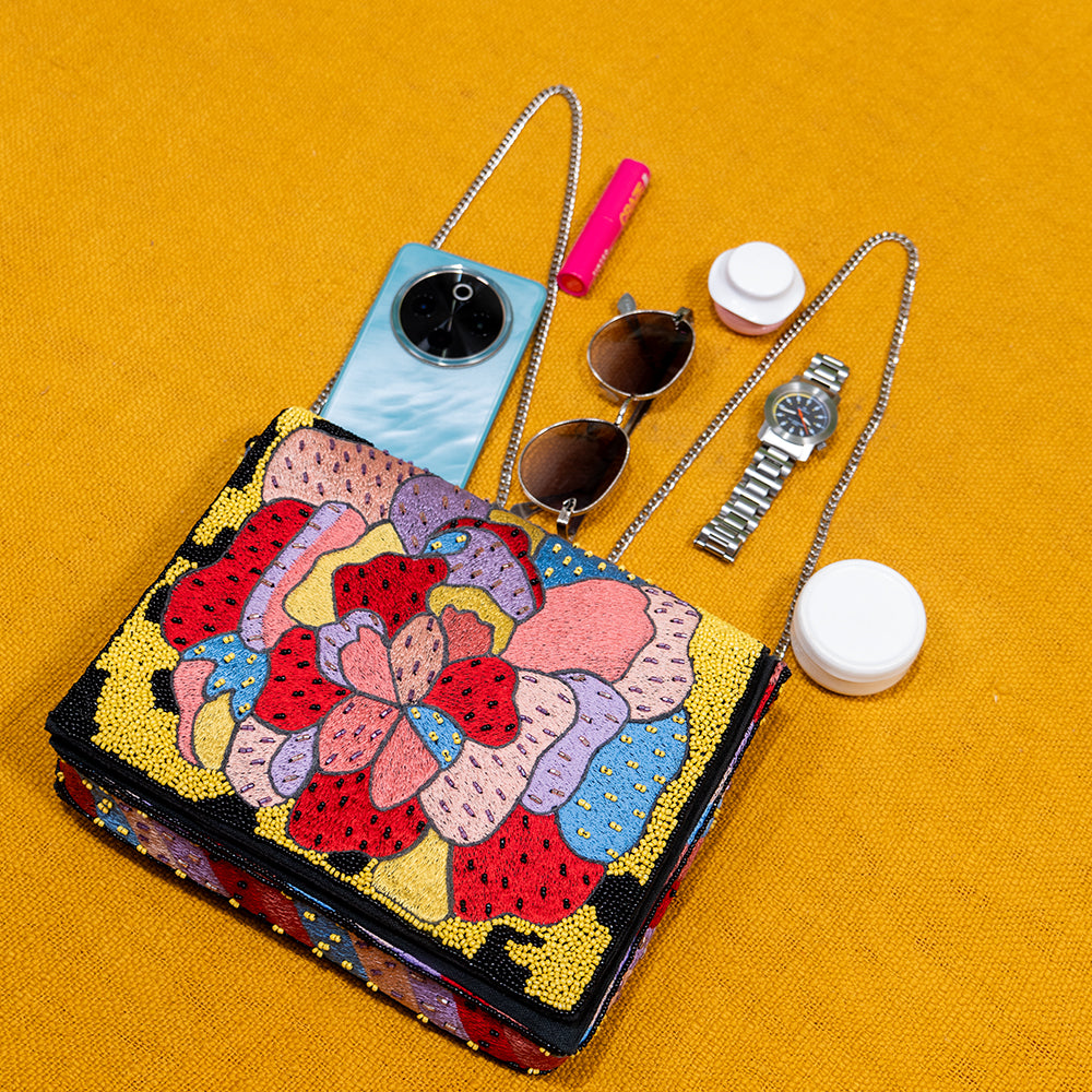 Elegant Floral Beaded Sling Bag for Women – Cotton Fabric, Magnetic Closure, Ideal for Party Outings