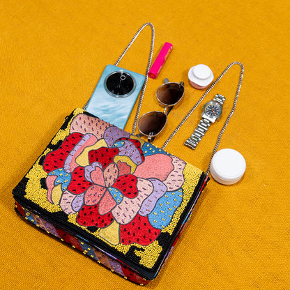 Elegant Floral Beaded Sling Bag for Women – Cotton Fabric, Magnetic Closure, Ideal for Party Outings