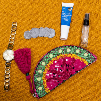 Handmade Beaded Coin Pouch with Tassel Watermelon Design – Elegant Zipper Clutch for Cash and Evening Outfits