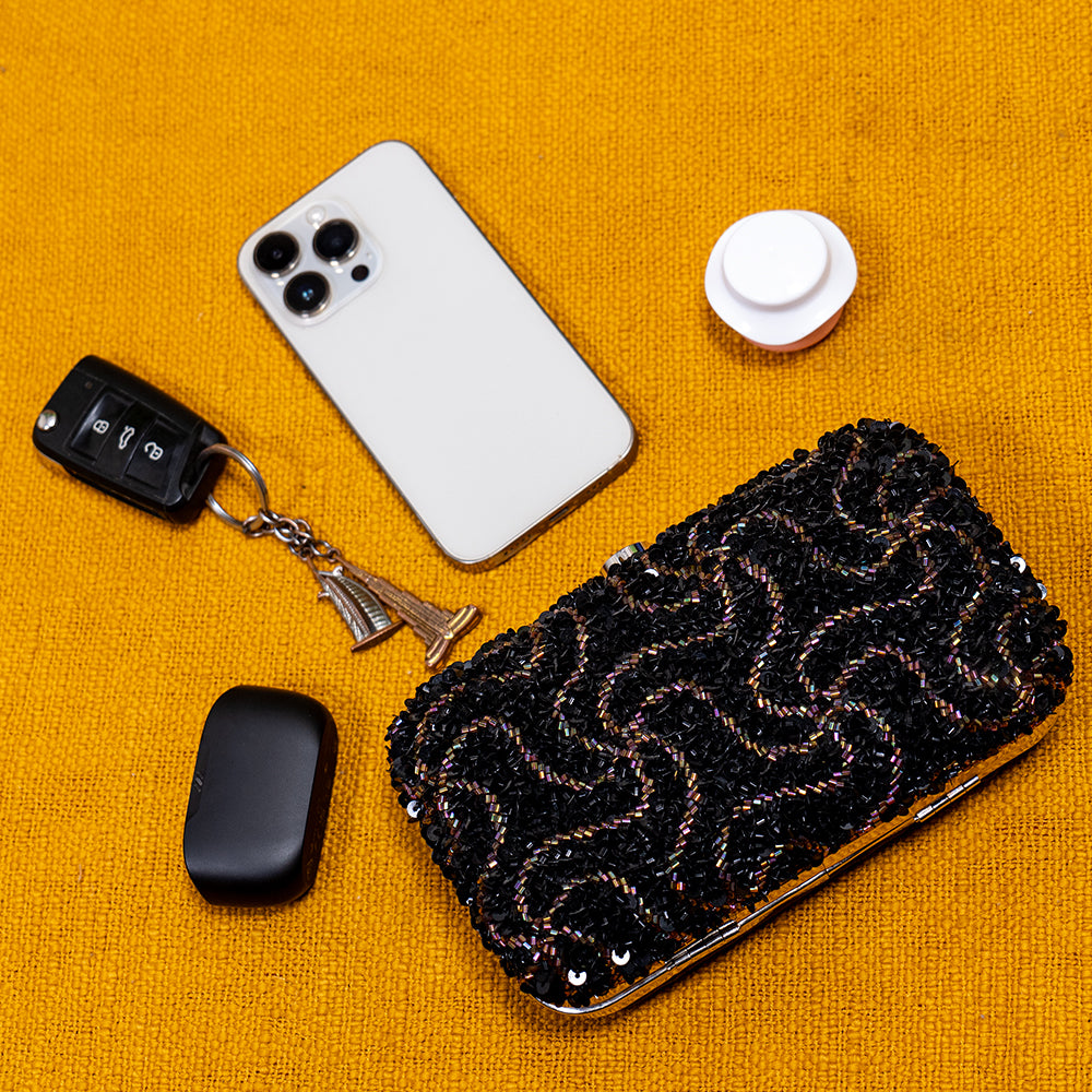 Handmade Glass Beaded Party Clutch with Metal Frame, Handle, and Detachable Chain