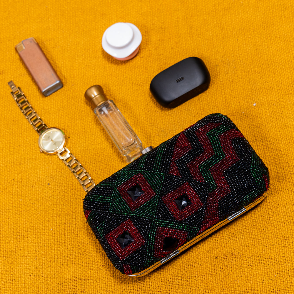 Handmade Beaded Glasstone Party Clutch with Metal Frame and Detachable Chain Handle