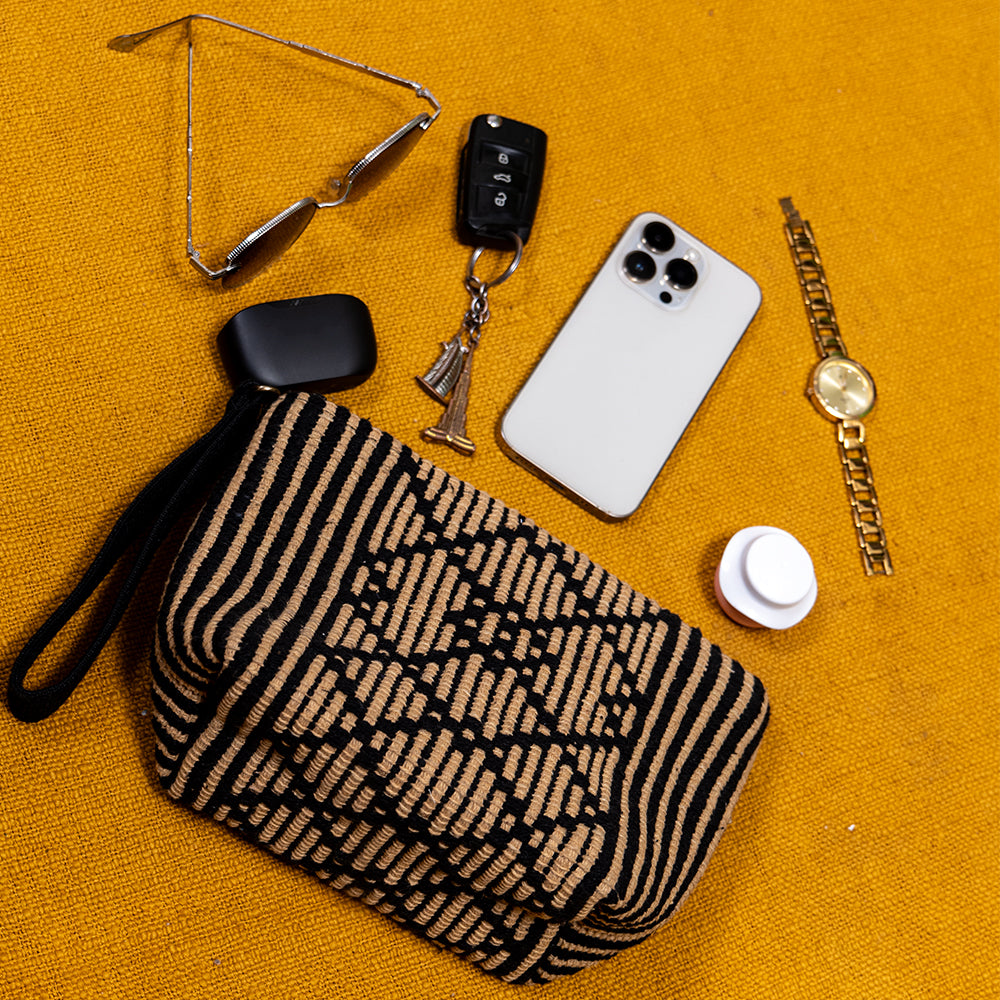 Handmade Cotton Handloom Wristlet Clutch Bag with Zipper Closure for Casual Daily Use