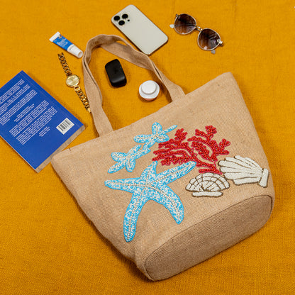 Handcrafted Jute Shopper Tote Bag – Cotton Blend, Embroidered, Spacious, Perfect for Shopping and Beach