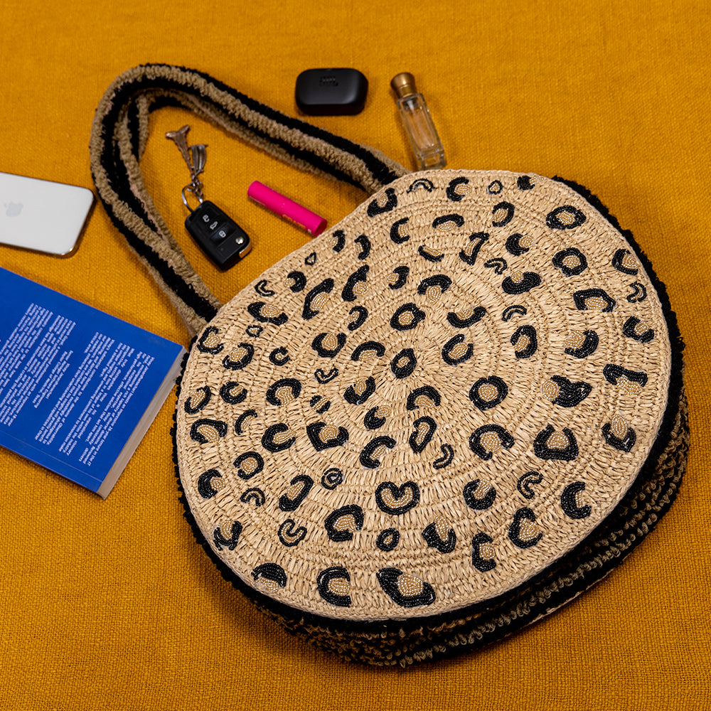 Tiger Print Beaded Raffia Tote Bag – Handmade Cotton Shopper for Women, Travel & Office