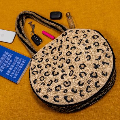 Tiger Print Beaded Raffia Tote Bag – Handmade Cotton Shopper for Women, Travel & Office