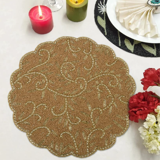 Beaded circular golden floral design placemat