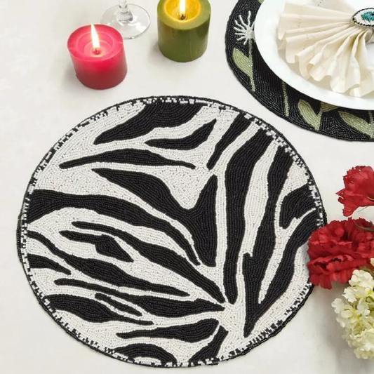 Beaded rounded black and white zebra design placemat