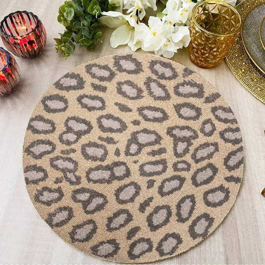 Beaded rounded yellow brown jaguar design placemat